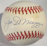 Joe DiMaggio Autographed Baseball SCAA & AAU
A Rawlings brand official American League baseball which has been hand signed by Joe DiMaggio. Double certifications include a Certificate of Authentication, Catalog #016665, from Sport and Celebrity Autograph Authentication, San Marcos, CA and Authentic Autographs Unlimited, Serial # A10998. The Certificate of Authenticity is signed by Drew V. Max, a Court Qualified and Board Certified Forensic Document Examiner and handwriting expert who specializes in celebrities, sports, and antiquities. You may have seen Mr. Max on the reality television show "Pawn Stars".
From the internet: "Giuseppe Paulo "Joe" DiMaggio; November 25, 1914 – March 8, 1999), nicknamed "Joltin' Joe" and "The Yankee Clipper," was an American Major League Baseball center fielder who played his entire 13-year career for the New York Yankees. He is perhaps best known for his 56-game hitting streak (May 15–July 16, 1941), a record that still stands. DiMaggio was inducted into