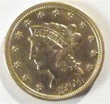 Coin 1904 $2.50 Coronet Head Gold Coin
1904 Coronet Head $2.50 Gold Coin. 4.18g of 90% Gold. 160,960 minted. Rare Date. Very nice Looking. No Sales Tax on Coins, Currency, or Bullion. #3-84.