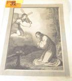 Art 1824 Etching / Engraving "A Sua Eccellenza"
A black and white etching or engraving from an original painting by artist Carlo Dolci. Features a religious scene which appears to be Jesus kneeling before an angel with a wooden cross. The picture is captioned, "A Sua Eccellenra". The bottom right corner reads, "Giov Rivera, Inc. 1824". The edges of the paper are torn and the paper has some foxing and yellowing from age. Consigner states that this is a very rare piece. Measures 19" x 14".
From the internet: "Carlo (or Carlino) Dolci (25 May 1616 – 17 January 1686) was an Italian painter of the Baroque period, active mainly in Florence, known for highly finished religious pictures, often repeated in many versions."
ZB4623