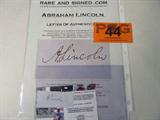 Abraham Lincoln Autograph Double Authenticated
Own your own piece of history with this cut piece of paper which contains the signature of Abraham Lincoln. The signature is certified by Autograph Certification Experts, LLC, Justin Chris Priddy, President. Certification # B40709 can be verified at www.autographcertificationexperts.com. A second letter of Authenticity from Rareandsigned.com also accompanies this item.
Information provided by the consignor: "Abraham Lincoln (February 12, 1809 – April 15, 1865) was the 16th President of the United States, serving from March 1861 until his assassination in April 1865. He successfully led his country through a great constitutional, military and moral crisis – the American Civil War – preserving the Union, while ending slavery, and promoting economic and financial modernization. Reared in a poor family on the western frontier, Lincoln was mostly self-educated. He became a country lawyer, an Illinois state legislator, and a one-term member of t