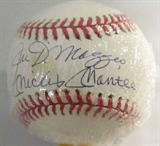 DiMaggio & Mantle Autographed Baseball SCAA & AAU
A Rawlings brand official American League baseball which has been hand signed by Joe DiMaggio and Mickey Mantle. Double certified with a Certificate of Authentication, Catalog #019756, from Sport and Celebrity Autograph Authentication, San Marcos, CA and from Authentic Autographs Unlimited, Serial #A11003. The Certificate of Authenticity is signed by Drew V. Max, a Court Qualified and Board Certified Forensic Document Examiner and handwriting expert who specializes in celebrities, sports, and antiquities. You may have seen Mr. Max on the reality television show "Pawn Stars".
From the internet: "Giuseppe Paulo "Joe" DiMaggio; November 25, 1914 – March 8, 1999), nicknamed "Joltin' Joe" and "The Yankee Clipper," was an American Major League Baseball center fielder who played his entire 13-year career for the New York Yankees. He is perhaps best known for his 56-game hitting streak (May 15–July 16, 1941), a record that still stands. DiMaggi