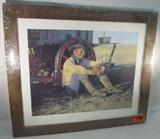 Art 1982 Print "Chuck Wagon" Gordon Snidow
A professionally framed print titled "Chuck Wagon" by artist Gordon Snidow. This 1982 Adolph Coors Company print features a rugged cowboy sitting against a wagon wheel with a can of Coors beer in his hands. Measures 28" x 32.5".
From the internet: "Gordon Snidow has been known as the foremost chronicler of the contemporary cowboy since 1959 when he graduated with a bachelor’s degree from the Art Center College of Design. At that time, he started his professional career. He is a leader in the development of the American Western Art Movement. He is a historian who records his time in pictures rather than words. He was a Charter and Emeritus member of the Cowboy Artists of America. In 1988, when he took Emeritus membership he had won twenty-seven gold and silver medals, a Colt award, and three Best of Shows in CAA competition."
Z14