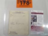 Billy Southworth Autograph JSA Authenticated
An uncompleted doctor's prescription order which has been hand signed by Billy Southworth. Accompanied by a certification card from James Spence Authentication, LLC, which certifies that the signature is genuine. The unique serial number, G34229, can be confirmed at any time at www.SpenceLOA.com.
From the internet: "William Harold Southworth (March 9, 1893 – November 15, 1969) was an American right fielder, center fielder and manager in Major League Baseball. Playing in 1913 and 1915 and from 1918 to 1929, he batted left-handed and threw right-handed. Southworth managed in 1929 and from 1940 through 1951. He was inducted into the Baseball Hall of Fame in 2008. In a 13-season career, he batted .297 with 52 home runs with 561 runs batted in. He stole 138 bases in his career. He had 1,296 hits in 4,359 at bats."
ZB4623