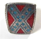 Jewelry Large Silver Confederate Symbol Ring
Stately sterling silver ring featuring inlaid chip style turquoise and inlaid chip style red coral, arranged in the shape of a Confederate flag. Possibly a man's ring. Marked / signed "G&S 1985", fits a finger size 10.75.
Total weight: 0.64 ozt
#2447-9051-CFSG52300