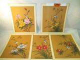 Art Lot of 5 Hand Painted Silk Panels on Board
This lot contains 5 gorgeous Oriental / Asian hand painted silk panels which are board mounted. Each panel features a different floral pattern with a different small colorful songbird. Each panel is signed in the lower left corner with a small red stamp block containing Oriental / Asian lettering. Each panel measures 20" x 16".
- Orange and yellow flowers with a blue bird.
- Deep red flowers with a green and white bird.
- Pink, yellow and orange blossoms, blue and white bird with a red crest.
- Red flowers and a brown and blue color bird. Small tear in the silk in the lower right.
- Blue flowers and a green and blue bird.
ZB4623