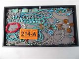 Jewelry Mixed Lot Turquoise Costume Necklace &More
Fantastic mixed lot of costume jewelry that is perfect for the summer season! A sampling includes:
- Gorgeous chunky necklace featuring several turquoise beads with amber colored beads meeting at the middle, 3 large amber stones dangling at the center of the necklace. Terminates at a toggle style clasp, measuring 21" long.
- Chip / nugget style red coral elastic bracelet, one size fits most.
- Wonderful nugget style turquoise bracelet featuring four small brown beads, possibly Tiger's Eye, with a large nugget style tiger's eye stone. Elastic, one size fits most.
- Adorable butterfly necklace featuring small cylindrical silver colored beads, turquoise colored wooden beads, and a silver colored butterfly with bluish green shell wings, possible abalone. Screw clasp, measures 15" long.
- Lovely silver colored beaded necklace with a few chips / nuggets of turquoise, screw clasp that needs to be repaired (reattached to the wire), measures