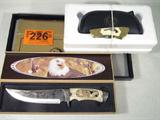 Lot of 2 Collector's Knives Franklin Mint Colt +
This lot contains the following knives:
- A Franklin Mint Collector Knife which pays tribute to the Colt, 1955 Python, 357 Magnum pistol / firearm. This single blade knife measures 7.25" with the blade in the open position. Appears to be in the original case and packaging.
- A gorgeous fixed blade knife with a carved handle and etched blade which pays tribute to the great American Bald Eagle. Blade is marked "China". Presented in a wooden case which also has pictures of eagles on the inside lid. Knife measures 10.25" long.
ZB989