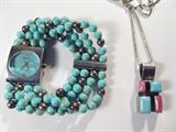 Jewelry Lot of 2 Sterling Silver Turquoise Watch+
Lot of 2 Southwestern style jewelry pieces:
- Gorgeous Ecclissi sterling silver watch with a turquoise face, in a sterling silver case with a stainless steel back, turquoise & silver beads in four strands along the elastic band. Marked / signed "Ecclissi Sterling Silver". Infinity style, no clasp. One size fits many.
- Beautiful sterling silver necklace featuring a shadow box style pendant housing to turquoise stones and two bright pink stones, square & rectangle shapes spaced apart making a beautiful arrangement of color. Large chain route marked / signed 925. Hangs on a box style chain marked / signed "MSCO 925". Measures 20" long.
Total weight: 2.45 ozt
ZB2447-9091-CFSG52300