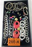 Jewelry Mixed Lot Costume Necklace Bracelets &More
A perfect lot for the summer season! This lot of brightly colored costume jewelry has something fun for every fashion:
- Wonderful pair of black multi-hoop earrings featuring wooden brightly colored neon triangles, blue, hot pink, orange & green. One of the earrings seems to be missing the smallest hoop with the orange triangle. Still a wonderful pair of earrings for any summer occasion!
- 16 thin bangle bracelets, gold & silver colored
- Silver colored necklace with several engraved charms. "Loyalty. Unity. Passion. Joy. Kindness. Humor. Hope." Words to live by, and a beautiful piece of casual jewelry.
- Large link style bracelet with a toggle clasp, measures 9" long.
- Gorgeous chunky bead bracelet, glazed ceramic style beads, blue & tan in color, measures 6.5" long
- One gold colored mismatched earring
- Adorable pair of dangling earrings with green sparkly flip-flop charms.
- Many more!!
Z33