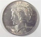Coin 1924-P Peace Silver Dollar AU
A genuine 1924-P Peace Silver Dollar graded by the consignor as Almost Uncirculated. No sales tax on coins, bullion or currency. Z1955