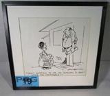 Art Original Comic Art Framed
An original drawing or sketch. The panel features a youngster delivering newspapers and being confronted by an angry looking gentlemen, caption reads" Don't complain to me, Mr. Burlson, I don't write the editorials". Artist signature is present but illegible. Possibly Dave Garapre. Consigner states that this item is original comic art used for newspaper publication and was part of the personal collection of James Copley. James Copley was a journalist and newspaper publisher. He published the San Diego Union The San Diego Union-Tribune and the San Diego Evening Tribune from 1947 until his death in 1973, and was President of the Inter American Press Association (1969 - 1970). Measures 12.5" x 12.5".
ZB4623