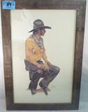 Art 1978 Gordon Snidow "Colorado Coolade" Print
A professionally framed print titled "Colorado Coolade" by artist Gordon Snidow. This 1978 Adolph Coors Company print features a lone cowboy looking off into the distance with a can of Coors beer. Measures 23.5" x 33.5". Protective plastic wrap around the print has a tear in it. 
From the internet: "Gordon Snidow has been known as the foremost chronicler of the contemporary cowboy since 1959 when he graduated with a bachelor’s degree from the Art Center College of Design. At that time, he started his professional career. He is a leader in the development of the American Western Art Movement. He is a historian who records his time in pictures rather than words. He was a Charter and Emeritus member of the Cowboy Artists of America. In 1988, when he took Emeritus membership he had won twenty-seven gold and silver medals, a Colt award, and three Best of Shows in CAA competition."

Z14