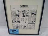 Art Vintage Comic Framed "Gordo" By Gus Arriola
A 1970 framed black and white comic strip, with a release date of July 13 - July 18 1970. Titled "Gordo", depicts a pet bird exploring the house after his cage was left open. He decides its more interesting in his cage where the floor is lined with newspaper that he can read. Dated 7-13, measures 11.25" x 12.5" including frame. Consigner states that this item is original comic art used for newspaper publication and was part of the personal collection of James Copley. James Copley was a journalist and newspaper publisher. He published the San Diego Union The San Diego Union-Tribune and the San Diego Evening Tribune from 1947 until his death in 1973, and was President of the Inter American Press Association (1969 - 1970).
ZB4623
