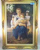 Art Framed Oil Painting Portrait "Two Sisters"
Beautiful professionally matted & framed family portrait oil painting on canvas, featuring a family of four. Painting depicts a mother sitting on a bench with her young, toddler aged son, with two beautiful little girls standing beside / behind her. The mother's face looks somewhat sad / forlorn, trees and bushes all around. Everyone is barefoot. Canvas style matting and a beautiful gold ornate frame that may need slight repairing. Consignor states this is styled after the artist: William Adolphe Bouguereau. Measures 31.75" x 43.5". 
ZB4519