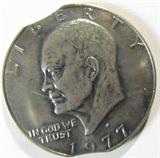 Coin 1977-D Clipped Planchet Eisenhower Dollar
1977-D Clipped Planchet Eisenhower Dollar. Rare Mint Error. Nice looking Coin that was clipped twice. No Sales Tax on Coins, Currency, or Bullion. #91-83.