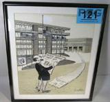 Art Vintage Comic Poster Copley Newspaper Signed
A vintage comic / poster for the Copley Newspaper, framed & matted. Scene of an older man standing in the middle of the street reading a newspaper with a front page headline reading "San Diego, America's Finest City". A trail of newspapers starting at the mans feet and leading into a building in the distance. Signed "Knudsen, Copley Newspapers". Measures 13.75" x 15.75" including frame. Consigner states that this item is original comic art used for newspaper publication and was part of the personal collection of James Copley. James Copley was a journalist and newspaper publisher. He published the San Diego Union The San Diego Union-Tribune and the San Diego Evening Tribune from 1947 until his death in 1973, and was President of the Inter American Press Association (1969 - 1970).
ZB4623