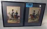 Art Lot of 2 Paintings Military Men On Horseback
Lot of 2 original paintings by an undetermined artist:
- Professionally matted & framed painting of two military men in navy dress uniforms on horseback, appearing to have a conversation. One appears to be a superior officer. Gray matting with thin red piping along the inside edge of the mat, black frame. Comes with a photo copy / Xerox copy of a series of undetermined signatures, possibly foreign, and the #8. Measures 14.5" x 11.5" including frame. 
- Professionally matted & framed painting of two military men in full dress uniform, possibly foreign, in a gallop / run carrying a red flag. One is turned to look behind at the other. Gray mat with red piping along the inside edge, black frame. Comes with a Xerox / photo copy of an undetermined signature and the number 10. Measures 11.5" x 14.5" including frame. 
ZB4797