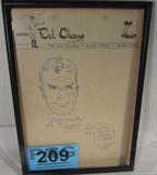 Art Vintage Sketch Steve Canyon Autographed 1958
A hand drawn sketch of American comic book hero Steve Canyon. Consigner states that this item is original comic art used for newspaper publication and was part of the personal collection of James Copley. James Copley was a journalist and newspaper publisher. He published the San Diego Union The San Diego Union-Tribune and the San Diego Evening Tribune from 1947 until his death in 1973, and was President of the Inter American Press Association (1969 - 1970). Drawn on a piece of hotel stationery from Hotel Del Charro in La Jolla, CA. Personalized autograph that reads: "Steve Canyon for the Copley Crew. Best wishes from Milton Caniff, 7 July 1958". Frame needs to be repaired. Measures 8" x 11" including frame. 
ZB4623