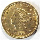 Coin 1907 Coronet Head $2.50 Gold Coin CH BU
1907 Coronet Head $2.50 Gold Coin. 4.18g of 90% Gold. 336,448 minted. Rare Date. Graded by the consignor as Choice Brilliant Uncirculated. No Sales Tax on Coins, Currency, or Bullion. #351-49.
