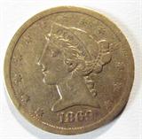 Coin 1869-S Coronet Head $5.00 Gold Coin Nice
1869-S Coronet Head $5.00 Gold Coin. 8.359g of 90% Gold. 34,920 minted. Rare Date. Graded by the Consignor as Nice. No Sales Tax on Coins, Currency, or Bullion. #12-24.