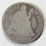 Coin 1874 with Arrows Seated Liberty Dime Good
1874 with Arrows Seated Liberty Dime. 2.5g of 90% Silver. 2,940,700 minted. Scarce Type. Graded by the consignor as Good. No Sales Tax on Coins,Currency, or Bullion. #29-37.