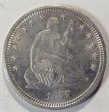 Coin 1877-CC Seated Liberty Quarter Gem BU
1877-CC Seated Liberty Quarter. 6.25g of 90% Silver. 4,192,000 minted. Rare Date. Graded by the Consignor as Gem Brilliant Uncirculated. No Sales Tax on Coins,Currency, or Bullion. #36-47.