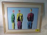 Art Framed Print Three Gentlemen Posing Signed
Professionally matted & framed print featuring three gentlemen posing with their hands in their pockets. Wearing neon bright colors, greens, pinks & yellows, against a sky blue background. Signed by an undetermined artist in the bottom right hand corner with a star next to the signature. Beige mat with a purple border along the inside, tan frame. Measures 30.5" x 24.5". 
ZC1261