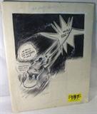 Art Bill Crawford Original Comic Art
An original comic art drawing by artist Bill Crawford titled "The Hitch Hiker" which features an International League baseball player in a chariot that has been hitched to a star. The star is captioned, "The All-Star Idea". The has been affixed to cardboard and wrapped in cellophane. The cellophane has a few tears in it but the drawing is in good condition. Measures approximately 22" x 18".
ZB4623