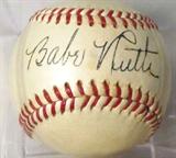 Babe Ruth Autographed Baseball AAU
An authentic Reach brand Official American League baseball which has been autographed by Babe Ruth. Presented in protective clear acrylic ball holder. Certified by Authentic Autographs Unlimited to have been hand signed by Babe Ruth, AAU Serial #F10465. The Certificate of Authenticity is signed by Drew V. Max, a Court Qualified and Board Certified Forensic Document Examiner and handwriting expert who specializes in celebrities, sports, and antiquities. You may have seen Mr. Max on the reality television show "Pawn Stars". 
From internet: George Herman Ruth, Jr. (February 6, 1895 – August 16, 1948), best known as "Babe" Ruth and nicknamed "the Bambino" and "the Sultan of Swat", was an American Major League baseball player from 1914–1935. Ruth originally broke into the major leagues with the Boston Red Sox as a starting pitcher, but after he was sold to the New York Yankees in 1919, he converted to a full-time right fielder and subsequently became one o