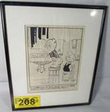Art Hank Ketcham Dennis the Menace Original Comic
A framed black and white print comic strip, by artist Hank Ketcham, featuring Dennis the Menace and his pal Joey. Consigner states that this item is original comic art used for newspaper publication and was part of the personal collection of James Copley. James Copley was a journalist and newspaper publisher. He published the San Diego Union The San Diego Union-Tribune and the San Diego Evening Tribune from 1947 until his death in 1973, and was President of the Inter American Press Association (1969 - 1970). Measures 13.5" x 11.5".
From the internet: "Dennis the Menace is a daily syndicated newspaper comic strip originally created, written and illustrated by Hank Ketcham. It debuted on March 12, 1951 in 16 newspapers and was originally distributed by Post-Hall Syndicate. It is now written and drawn by Ketcham's former assistants, Marcus Hamilton and Ron Ferdinand, and distributed to at least 1,000 newspapers in 48 countries and 19 langu