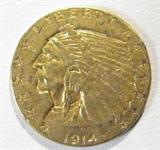 Coin 1914-D Indian Head $2.50 Gold Coin
1914-D Indian Head $2.50 Gold Coin. 4.18g of 90% Gold. 448,000 minted. Rare Date. Slight edge Damage. No Sales Tax on Coins, Currency, or Bullion. #228-17.