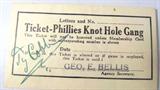 Ty Cobb Autographed "Knot Hole Gang" Ticket
A 2" x 3.5" ticket for the Phillies Knot Hole Gang which has been autographed by Ty Cobb. Signature is not officially authenticated. Other items provided by this consignor have all been certified and to the best of our knowledge this signature is authentic.
From the internet: "Tyrus Raymond "Ty" Cobb (December 18, 1886 – July 17, 1961), nicknamed "The Georgia Peach," was an American Major League Baseball outfielder. He was born in Narrows, Georgia. Cobb spent 22 seasons with the Detroit Tigers, the last six as the team's player-manager, and finished his career with the Philadelphia Athletics. Cobb is widely regarded as one of the best players of all time. In 1936, Cobb received the most votes of any player on the inaugural Baseball Hall of Fame ballot, receiving 222 out of a possible 226 votes. Cobb is widely credited with setting 90 Major League Baseball records during his career. He still holds several records as of 2011, including the high