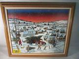 Art H. Hargrove Serigraph Framed Signed Numbered
Beautiful professionally framed winter scene by H. Hargrove, signed & numbered by the artist, 232 / 600. Serigraph on canvas of a snow covered town, with a family hauling their Christmas trees home by truck and by sled. The snow is gently falling, with a fiery sunset in the background. Measures 28.28" x 25" including frame. 
Z14