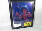 Art Walt Disney "Aladdin" Xerographic Cel
Consignor states: Framed colorful Xerographic cel of Aladdin in the Cave of Wonders from Walt Disney's animated film "Aladdin". 
Xerographic cels are created by transferring animation, publicity, or promotional artwork to acetate cels by a special 6-step process; a refinement pioneered by Walt Disney Studios. Measures 10.25" width x 12.5" height.
ZB2859