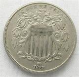 Coin 1868 Shield Nickel Choice
1868 Shield Nickel. 28,817,000 minted. Graded by the consignor as Choice. No Sales Tax on Coins, Currency, or Bullion. #111-90.