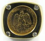 Jewelry 14kt Yellow Gold Peso Ring
Fabulous 14kt yellow gold ring featuring a Two Peso Mexican gold coin, accented with four round diamonds. Marked "14k", ring size: 7.5. Total weight: 6.5 dwt. 
ZB4858