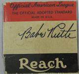 Babe Ruth Autographed Baseball AAU
A portion of a Reach brand baseball box which has been autographed by Babe Ruth. Certified by Authentic Autographs Unlimited to have been hand signed by Babe Ruth, AAU Serial #F10924. The Certificate of Authenticity is signed by Drew V. Max, a Court Qualified and Board Certified Forensic Document Examiner and handwriting expert who specializes in celebrities, sports, and antiquities. You may have seen Mr. Max on the reality television show "Pawn Stars". 
From internet: George Herman Ruth, Jr. (February 6, 1895 – August 16, 1948), best known as "Babe" Ruth and nicknamed "the Bambino" and "the Sultan of Swat", was an American Major League baseball player from 1914–1935. Ruth originally broke into the major leagues with the Boston Red Sox as a starting pitcher, but after he was sold to the New York Yankees in 1919, he converted to a full-time right fielder and subsequently became one of the league's most prolific hitters. Ruth was a mainstay in the Yanke