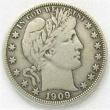 Coin 1909-P Barber Half-Dollar Very Fine
1909-P Barber Half-Dollar. 12.5g of 90% Silver. 2,368,650 minted. Rare Date. Graded by the consignor as Very Fine. No Sales Tax on Coins, Currency, or Bullion. #99-86.
