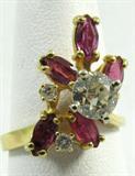 Jewelry 14kt Yellow Gold Diamond & Ruby Ring*
Gorgeous 14kt yellow gold cocktail ring with floral style design featuring prong set, marquis shaped red ruby stones as well as a large prong set diamond and 2 smaller diamonds. Consignor states the center diamond approximate carat weight is .65 ctw. Marked "14k", ring size: 7. Total weight: 2.8 dwt.
*Reserve Item
ZB4858