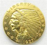 Coin 1927 $2.50 Indian Head Gold Coin
1927 $2.50 Indian Head Gold Coin. 4.18g of 90% Gold. 388,000 minted. No Sales Tax on Coins, Currency, or Bullion. #162-79.