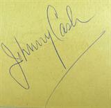 Johnny Cash Autographed Piece of Paper
An unlined 3.5" x 4" piece of paper which has been signed by Johnny Cash. Signature is not officially authenticated. Other items provided by this consignor have all been certified and to the best of our knowledge this signatures is authentic.
From the internet: "John R. "Johnny" Cash (February 26, 1932 – September 12, 2003), was an American singer-songwriter, actor, and author, who has been called one of the most influential musicians of the 20th century. Although he is primarily remembered as a country music icon, his songs and sound spanned many other genres including rockabilly and rock and roll—especially early in his career—as well as blues, folk, and gospel. This crossover appeal led to Cash being inducted in the Country Music Hall of Fame, the Rock and Roll Hall of Fame, and Gospel Music Hall of Fame. Cash was known for his deep, distinctive bass-baritone voice; for his rebelliousness, coupled with an increasingly somber and humble demeanor