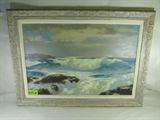 Art Framed Oil Canvas Ocean Scene Signed Ballinger
Beautiful professionally framed original oil painting on canvas of an ocean scene. Waves are crashing onto a rocky beach, dark clouds brewing in the sky with only a small patch of blue skies. Appears to be hand painted / signed "H.R. Ballinger". No authentication or certificate present with this item. Canvas and frame need to be reattached in one of the corners, otherwise in good condition. Measures 43" x 32" including frame.
ZB152