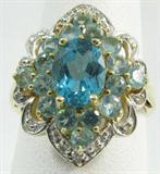 Jewelry 10KT Yellow Gold Blue Topaz & Diamond Ring
Stunning 10KT yellow gold fashion ring featuring an oval cut, faceted, blue gemstone, possibly blue topaz. Stone is accented with layers of aquamarine gemstones & small diamonds. Marked "10KT", ring size: 8. Total weight: 2.6 dwt.
ZB1341