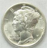 Coin 1916-P Mercury Dime Gem BU
1916-P Mercury Dime. 2.5g of 90% Silver. 22,180,080 minted. Superb looking. Graded by the consignor as Gem Brilliant Uncirculated. No Sales Tax on Coins, Currency, or Bullion. #246-68.
Group - Category: Coins & Paper Money - Silver