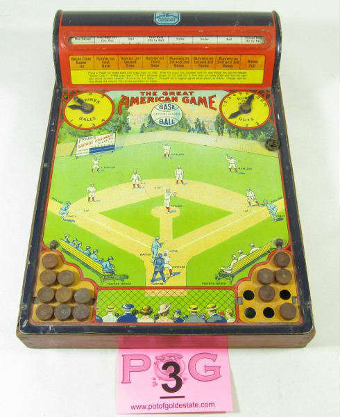 Vintage Tin Litho & Wood Baseball Game
"Great Amercian Baseball Game" by Hustler Toy, a Division of Frantz Corporation, Sterling, IL. Believed to be made in the 1920s this tin toy has a wood base with dovetail joints. Button on right front of game actuates a lever which rotates a drum at the top. Button, lever, spring and drum all operate properly. Game directions on reverse are clear and readable. Does show some signs of wear due to age and use. Measures 3.25" tall x 13.5" long x 9" across.