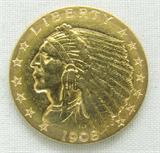 1908 $2.50 Indian Head Gold Coin. 4.18g of 90% Gold. 565,057 minted. Rare Date. No Sales Tax on Coins, Currency, or Bullion. #48-25.