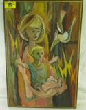 Art Original Oil on Canvas by John Nartker
An original oil on canvas painting which features a contemporary scene of a woman holding a child, both seem to be fascinated as they watch two birds. Measures 38" x 28.5".
About the artist: "John Nartker (1930-1998) was a vastly prolific and innovative artist and art educator with great breadth of professional involvement and fine art production. His intense passion for his work was clear to those who knew him and continues to shine in the art and memories which he leaves in legacy."