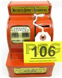 Vintage Uncle Sam's 3 Coin Register Bank Red
This lot features a fantastic vintage mechanical bank from the 1960's! Red metal mechanical "Uncle Sam 3 Coin" toy cash register that doubles as an awesome bank! This little bank takes quarters, dimes and nickels! Still in working condition, and the register shows that there is $7.15 in change deposited in this bank! There is also a slot in the back designated for pennies, half dollars, as well as a bill opening. Shows some signs of wear and age, slight paint scratches and a little rust, but otherwise this item is in great condition! Measures approximately 6"tall x 4.5"across x 5.25"deep.
