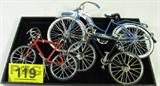 Lot of 3 Die Cast Bicycles Blue Starliner & More!
This lot includes three die cast model / replica bicycles, appear to be reproductions, all seem to be in good condition. Includes:
- A black model bike, unknown make and model, measures 7.5" long x 4.5"tall.
- A red model bike, unknown make and model, measures 7.5" long x 4.5"tall.
- Blue "Starliner" bike, made in China, dated 1990, measures 10" long x 6.5"tall.