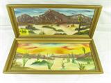 Art Lot of 2 Desert Landscape Oils C. Asper
This lot contains two original oils on board, each signed in the lower right corner, "C. Asper". Each painting features a desert landscape scene of the Phoenix Arizona area. Both paintings are framed. Each measures 11.25" x 25.5". Lot includes:
- A desert scene featuring a view of Camelback Mountain.
- A desert scene featuring different varieties of Estrella cacti.